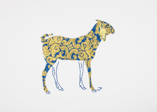 Khari Hill Goat in Gold Filigree on Blue