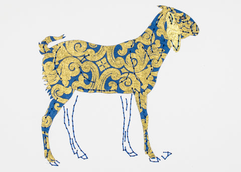 Khari Hill Goat in Gold Filigree on Blue