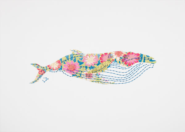 Humpback Whale in Pink Flowers on Blue and Green