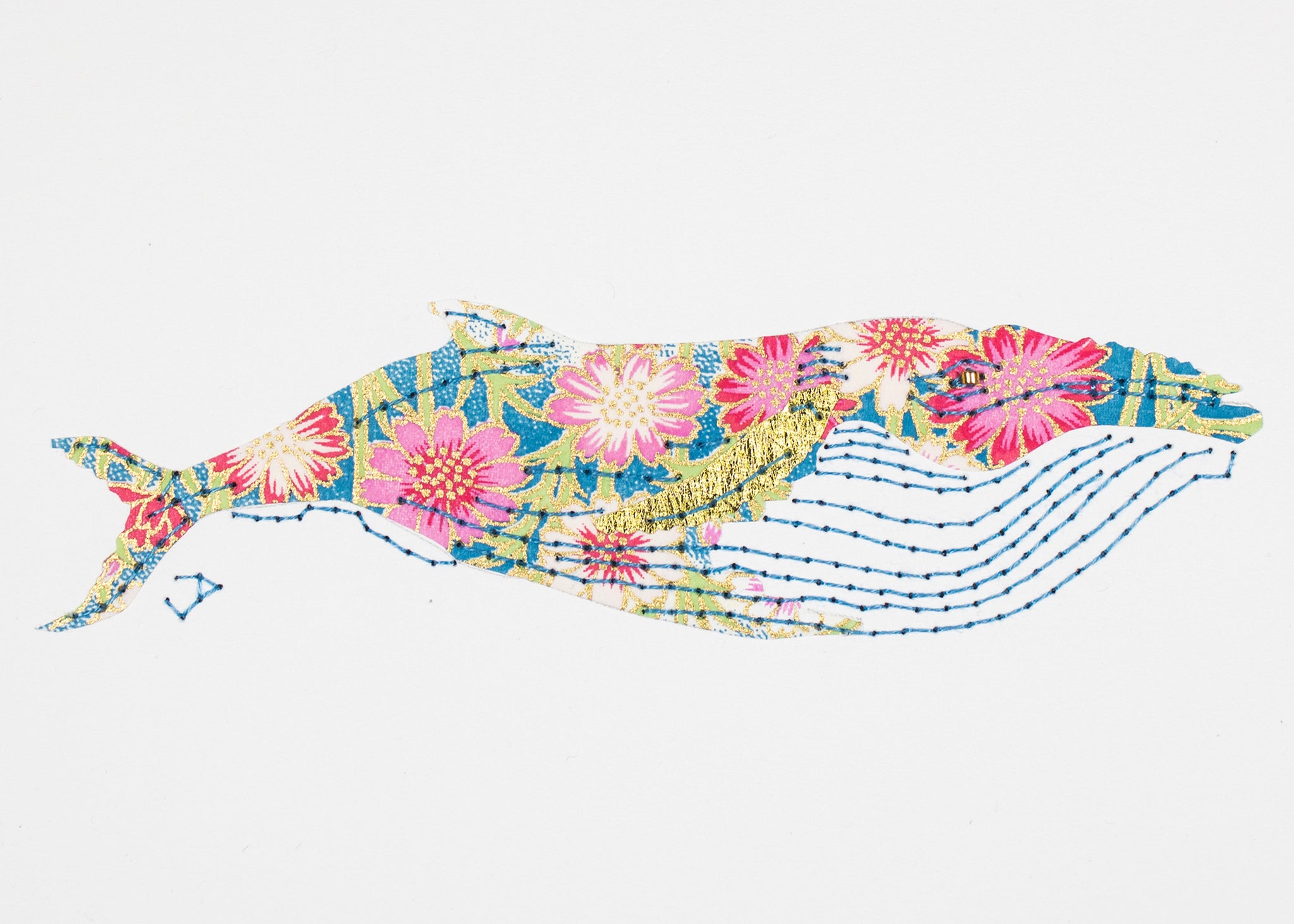 Humpback Whale in Pink Flowers on Blue and Green