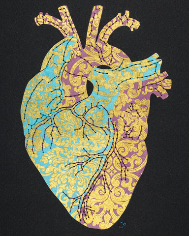 Heart in gold on turquoise & mauve