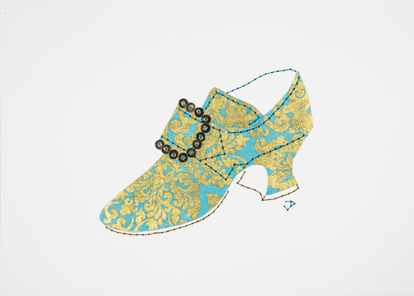 Stitched Paper 1760s Shoe in Turquoise and Gold