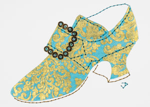 Stitched Paper 1760s Shoe in Turquoise and Gold