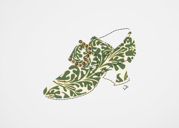 Stitched Paper 1760s Shoe in Florentine Green Leaves