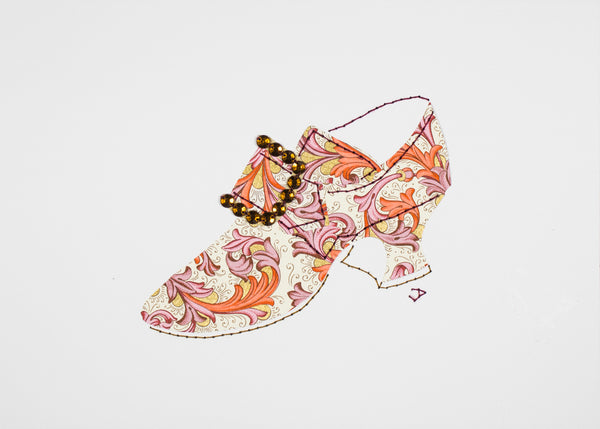 Stitched Paper 1760s Shoe in Florentine Orange and Plum