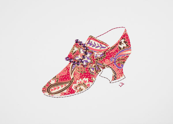 Stitched Paper 1760s Shoe in Pink and Purple Paisley