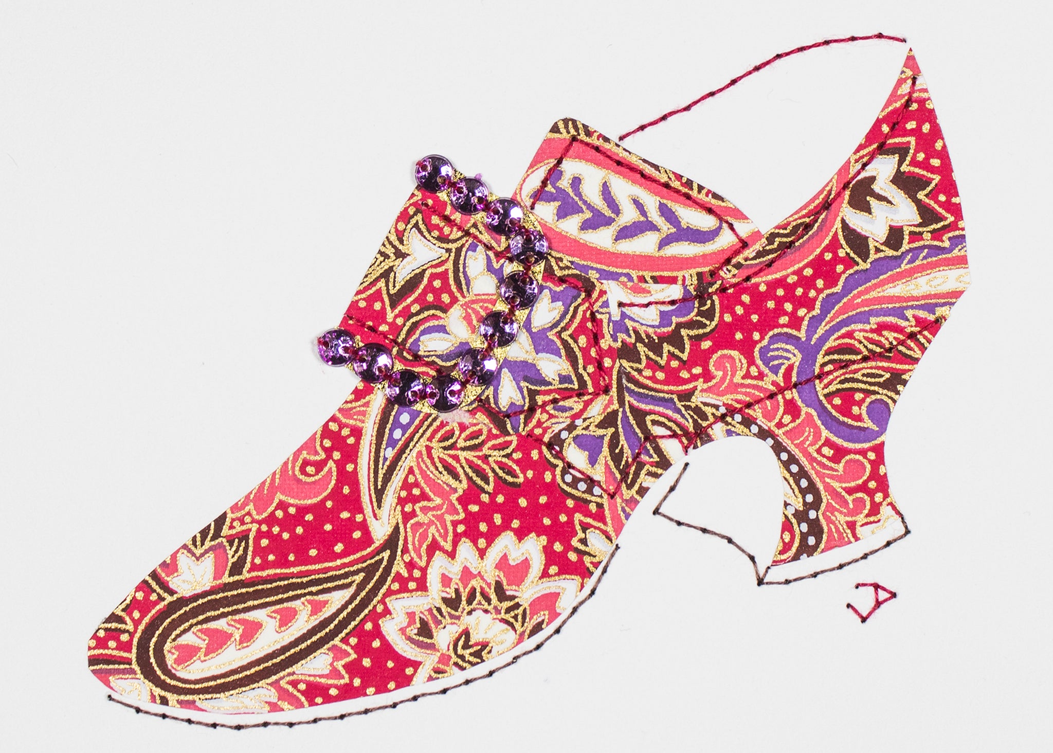 Stitched Paper 1760s Shoe in Pink and Purple Paisley